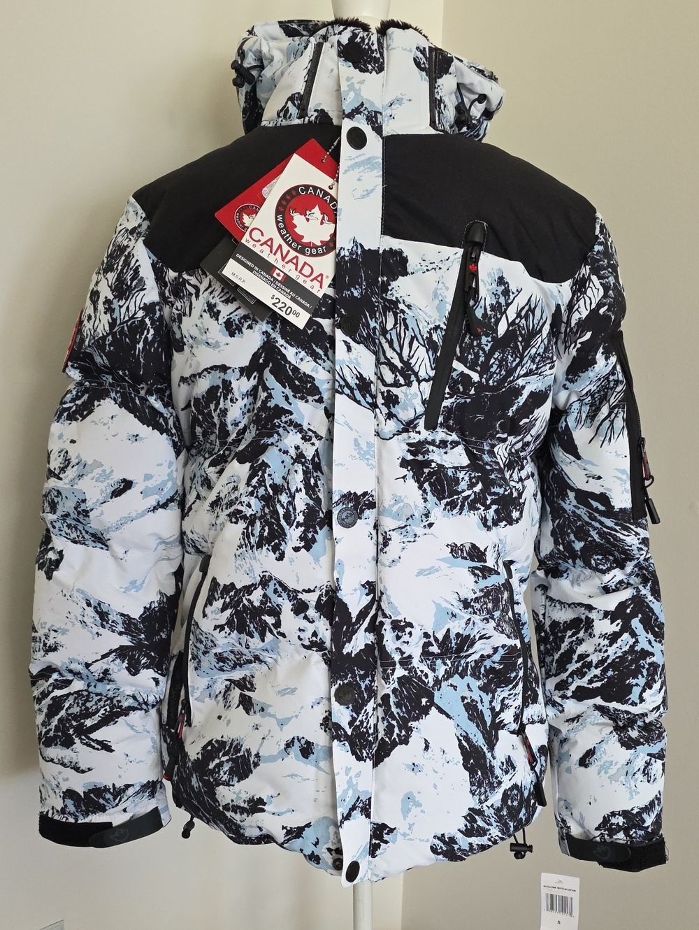 Canada Weather Gear Men's Mountain Print Puffer Bomber Jacket Small White Black